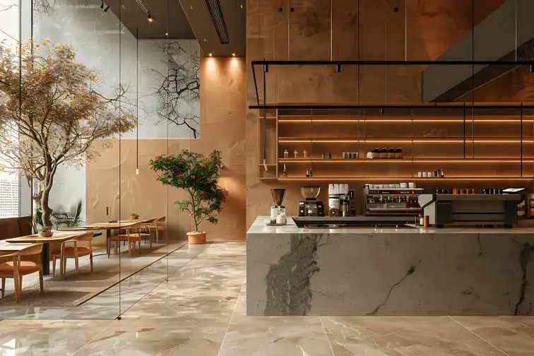 Terrasse de café trottoir avec store-banne et mobilier