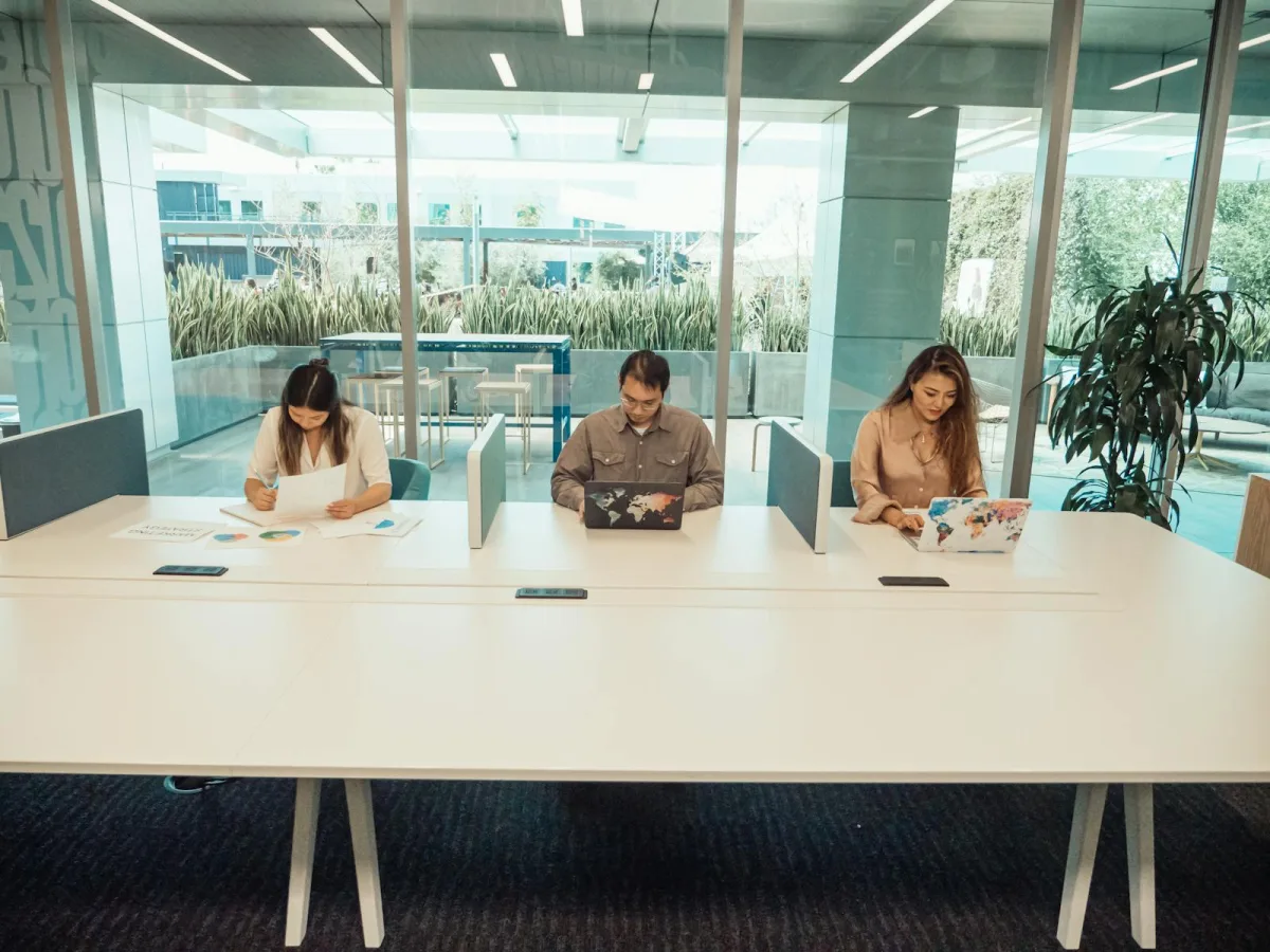 Flex desk dans un coworking ouvert : postes de travail séparés acoustiquement, baies vitrées et biophilie