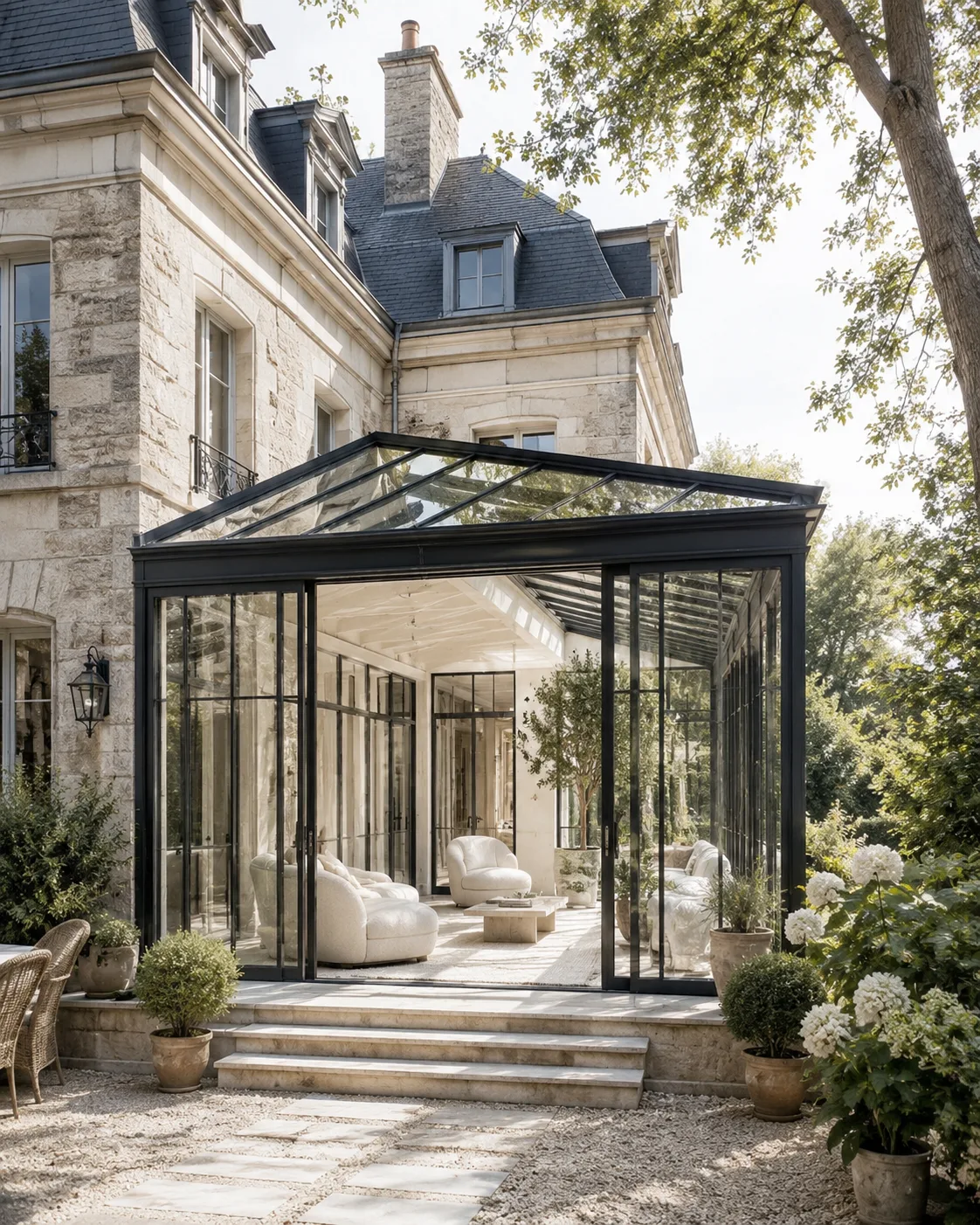 Véranda et structure légère accolées à la maison